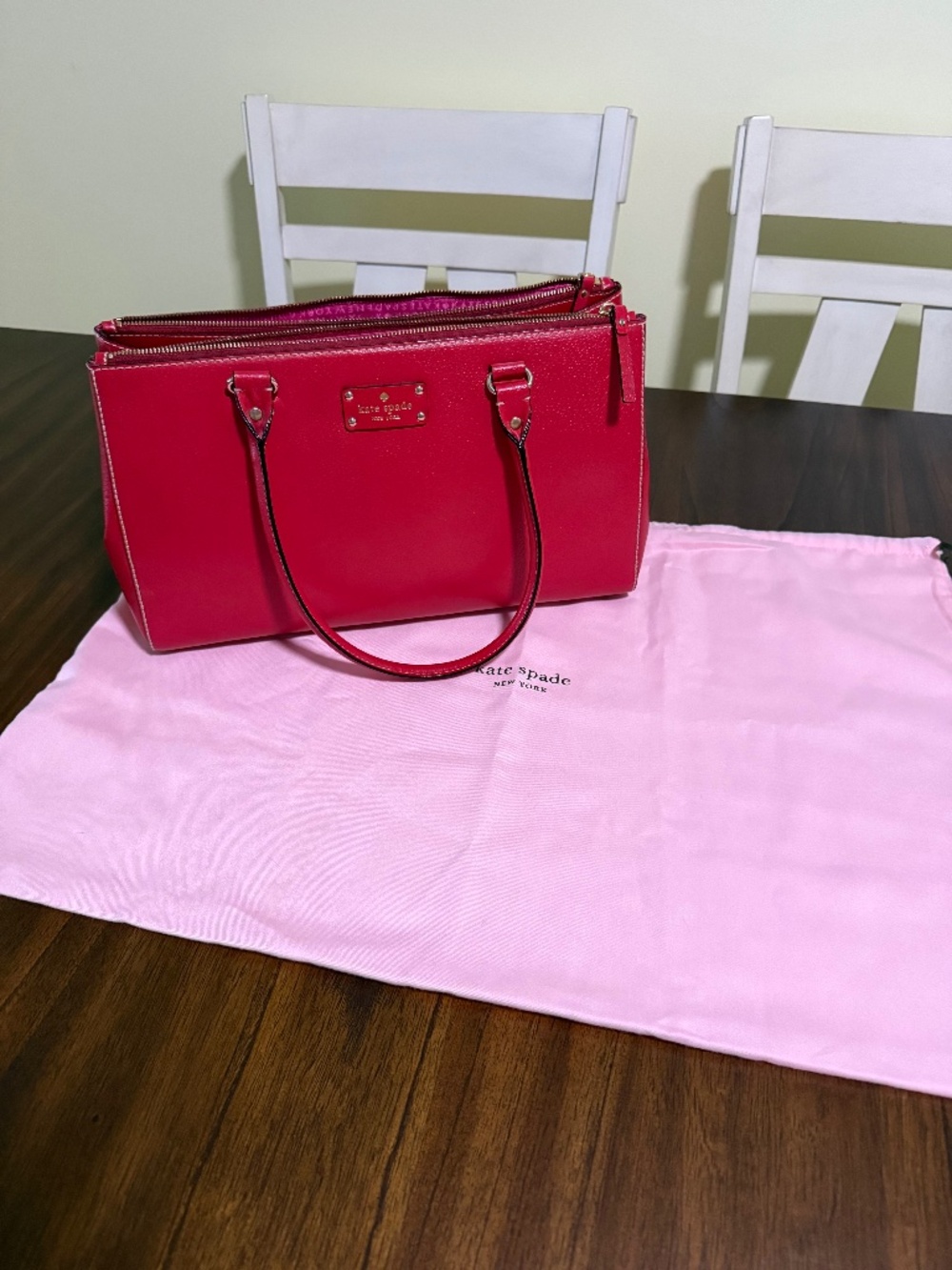 Kate Spade Red Wellesley Quinn Satchel with Hot Pink lining and Pink Dust Cover
